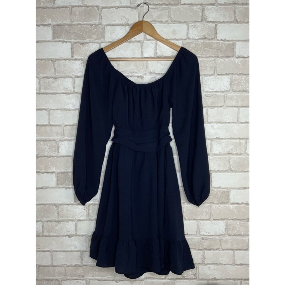 NWT Long-Sleeve Navy Ruffle Hem Knot Back Peasant Dress Size S